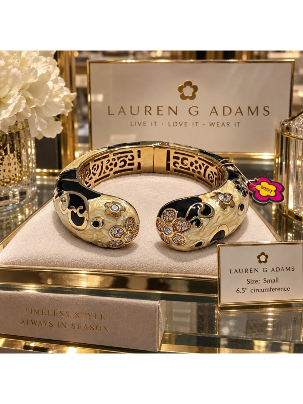Lauren G Adams Daisy Swirl Black Gold Enamel Crystal Hinged Cuff Bracelet small
